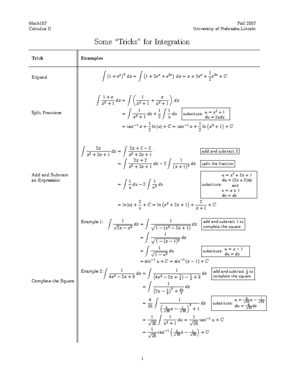 Math107: Integration Tricks for Calculus II - Fall 2007 - Studocu