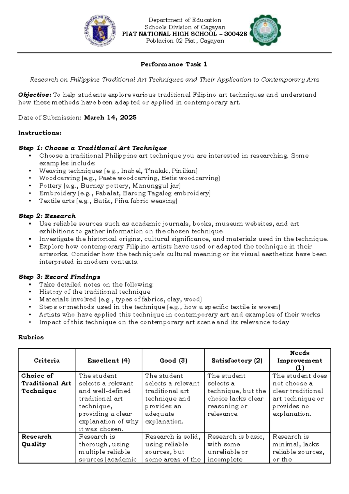 Q4-Performance Tasks: Exploring Philippine Traditional Art Techniques ...
