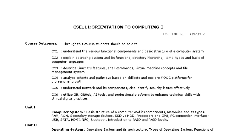CSE 111 - Computer Systems & OS Overview: Course Outcomes & Units - Studocu