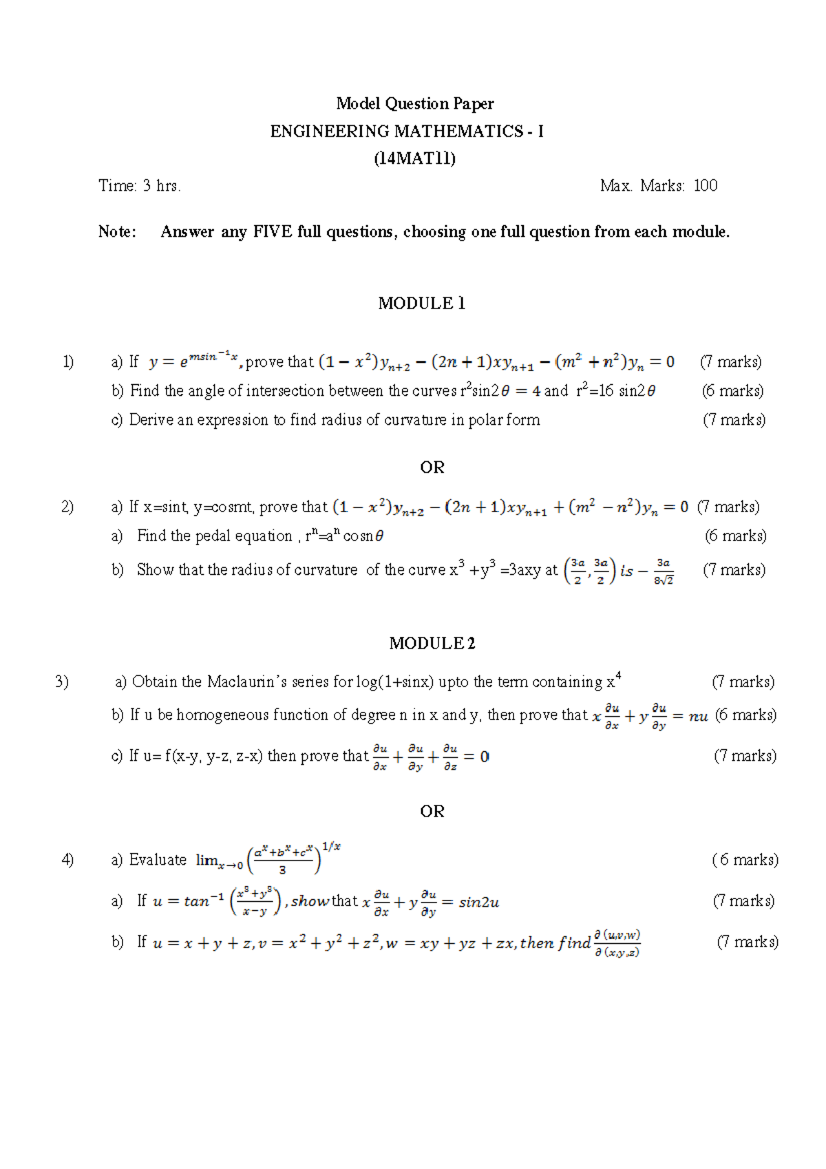 Maths model question papper - Model Question Paper ENGINEERING ...
