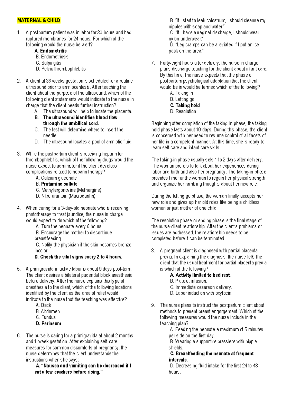 Maternal Child Nursing: Key Concepts and Exam Review (NUR 101) - Studocu