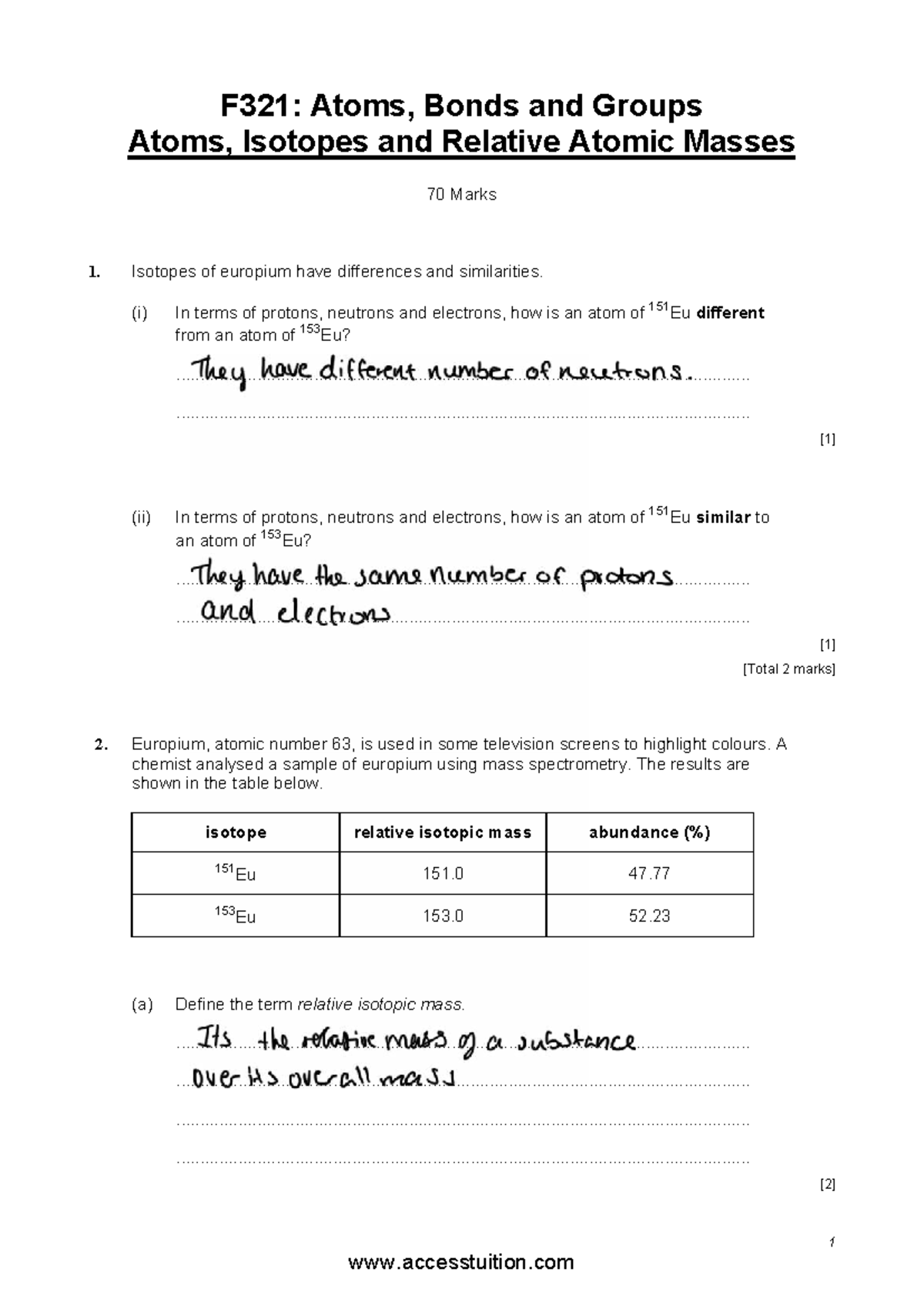 F321: Atoms, Isotopes & Relative Atomic Masses - Question Paper - Studocu