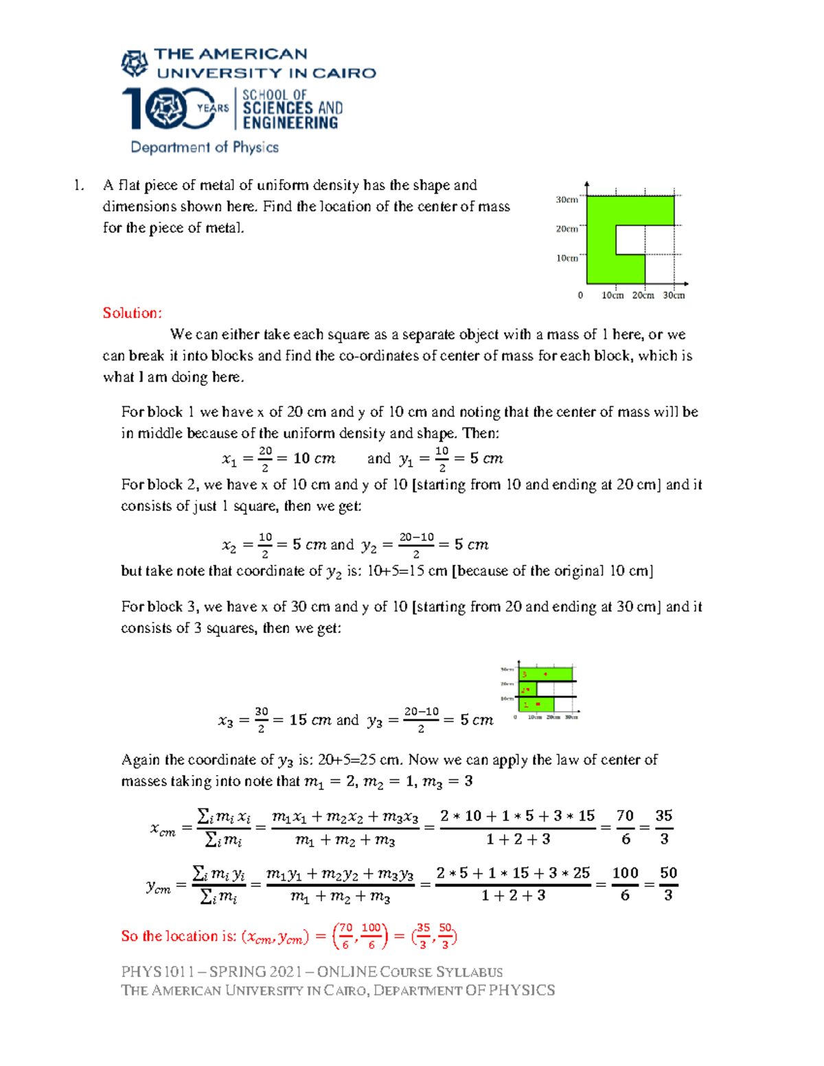 PHYS 1011 - HW6 with solution - PHYS1011 – SPRING 2021 – ONLINE COURSE ...