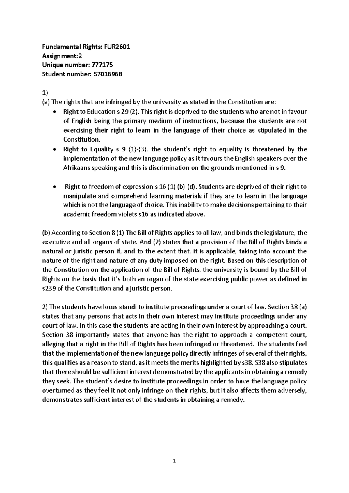 FUR2601 Assignment 2: Analysis of Fundamental Rights Violations - Studocu