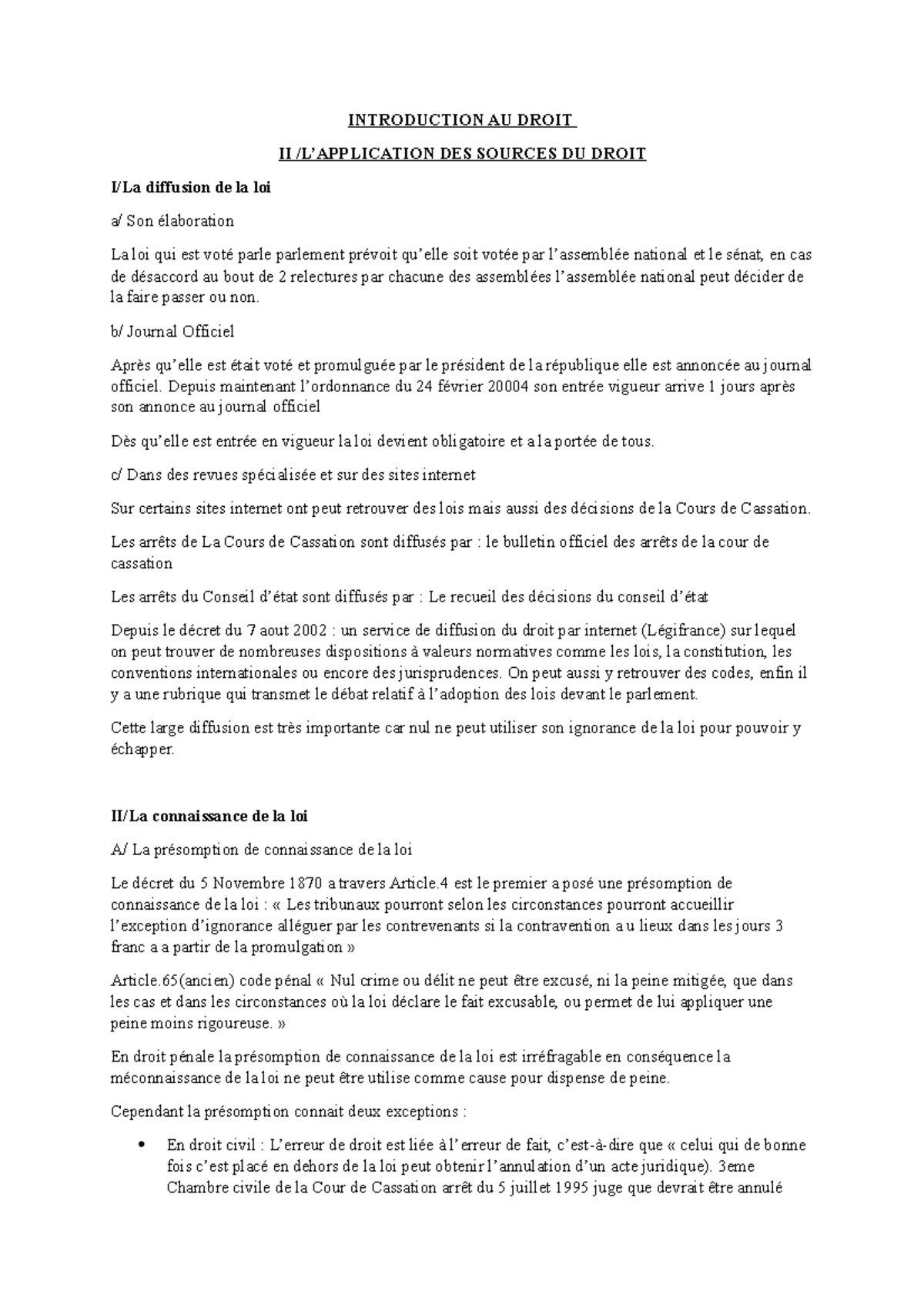Introduction au Droit - II: Application des Sources du Droit - Studocu