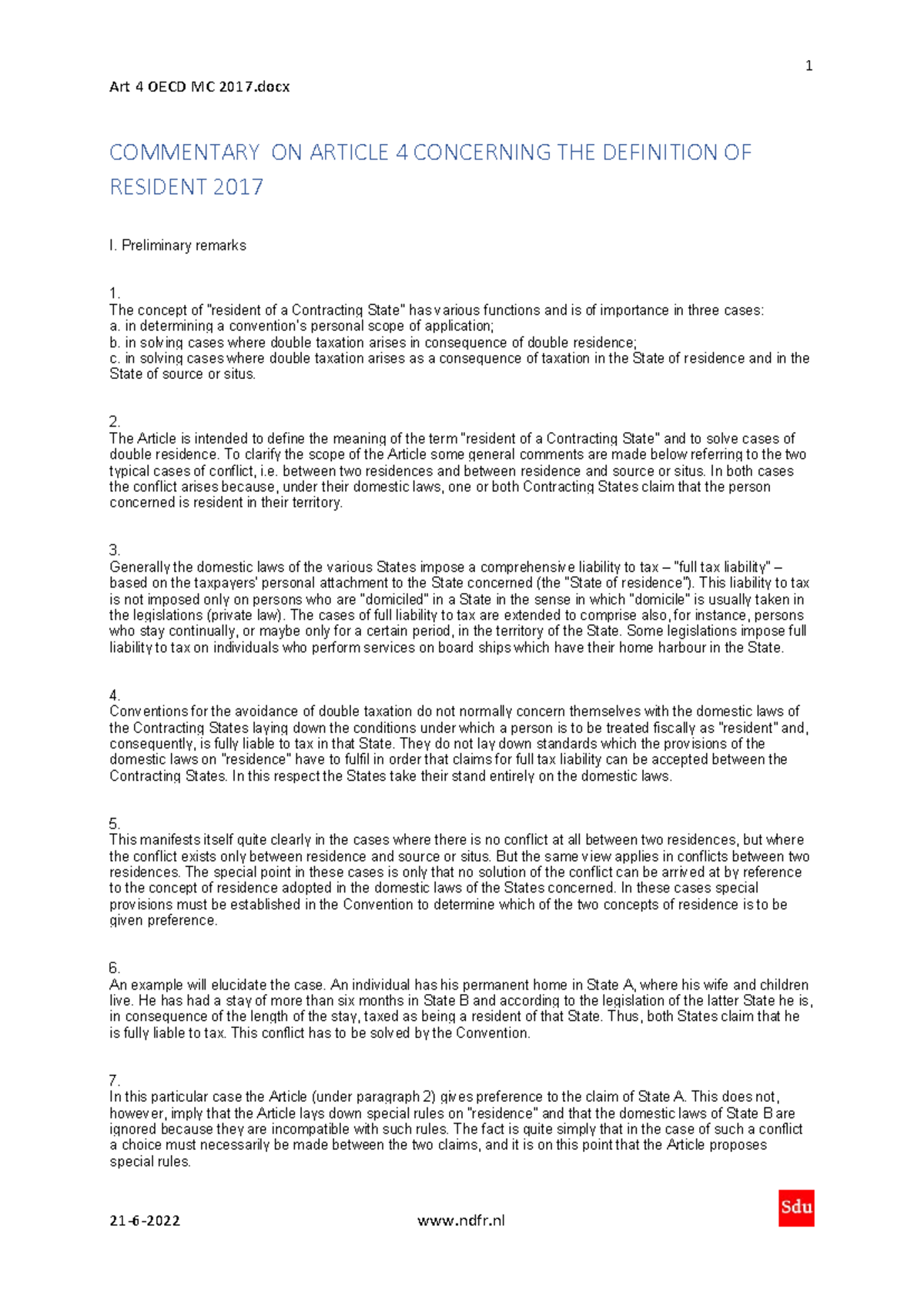 Commentary on Article 4 of the OECD MC 2017: Definition of Resident ...