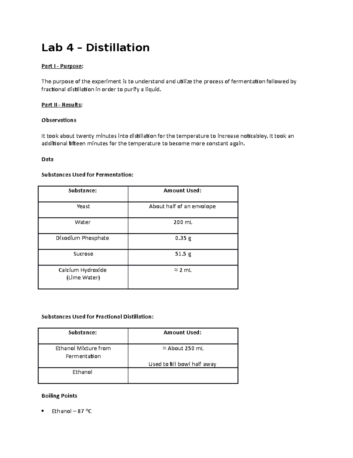 Organic Chemistry I (CHEM 101) Distillation Lab Results & Analysis ...