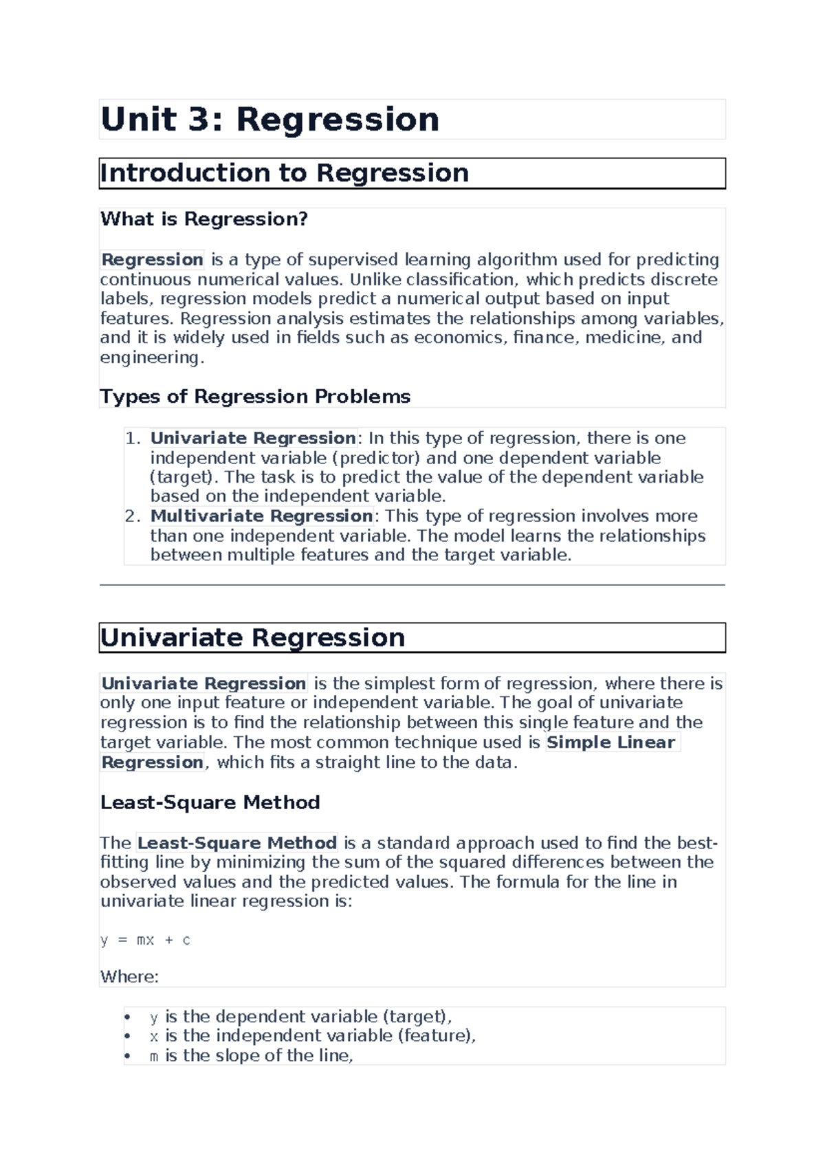 ML Unit 3: Introduction to Regression Techniques and Concepts - Studocu