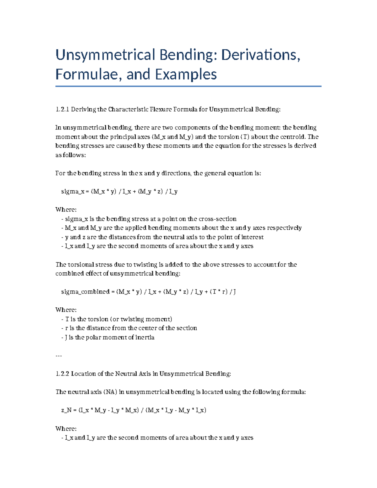 Unsymmetrical Bending Concepts: Derivations & Examples for ME 101 - Studocu