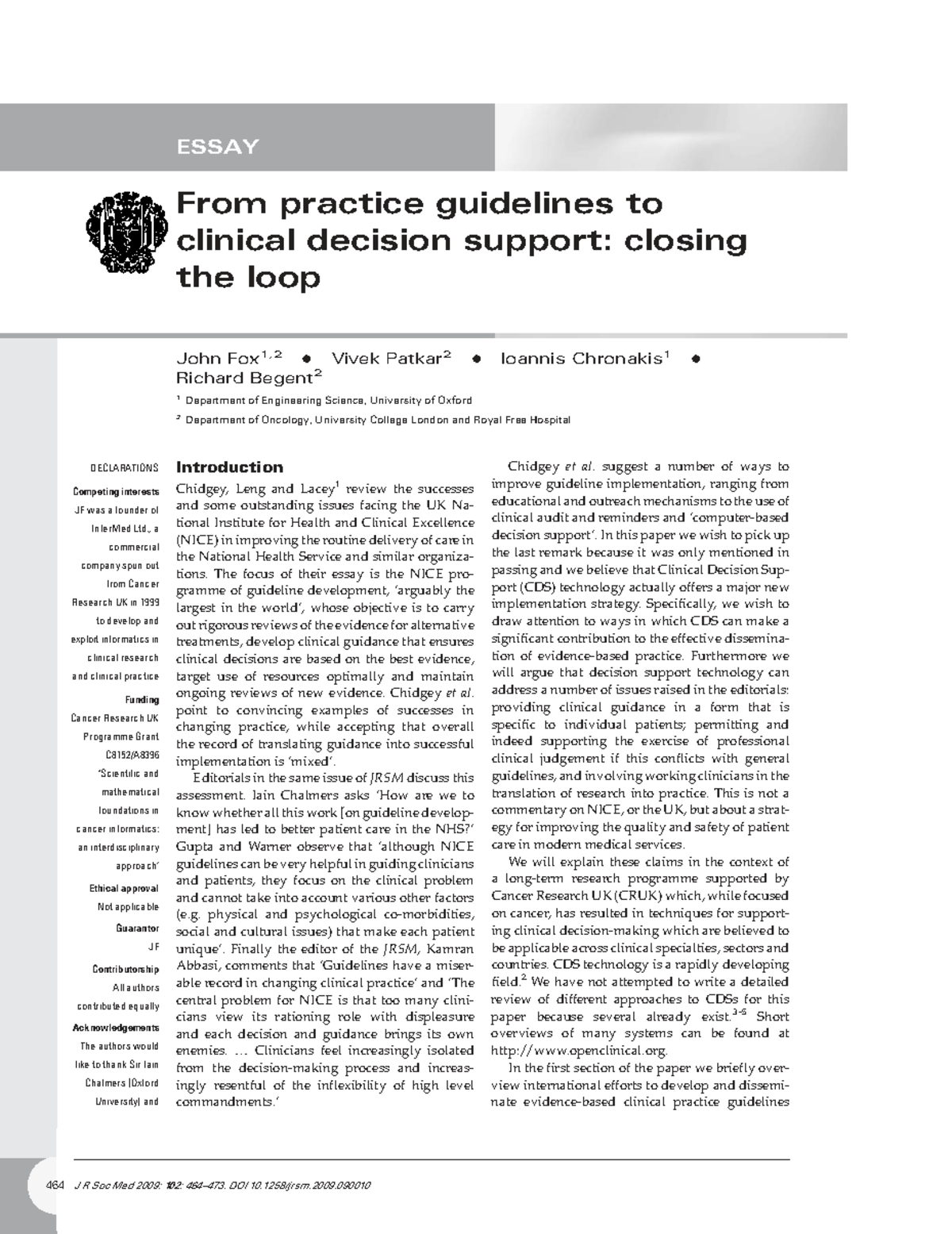 From Practice Guidelines to Clinical Decision Support: Closing the Loop ...