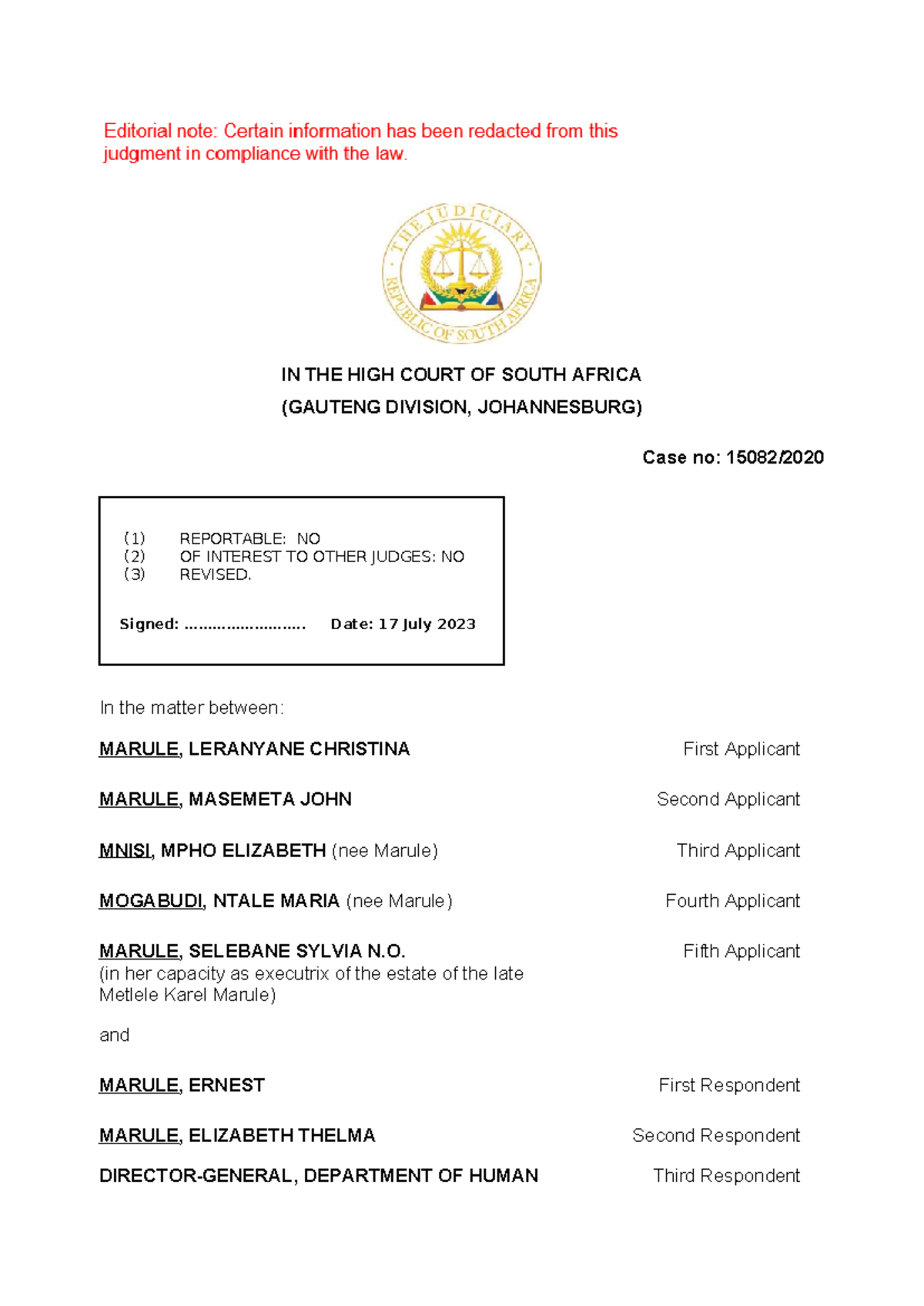 Marule v Marule & Others (15082/2020) - Judgment Analysis (18 July 2023 ...