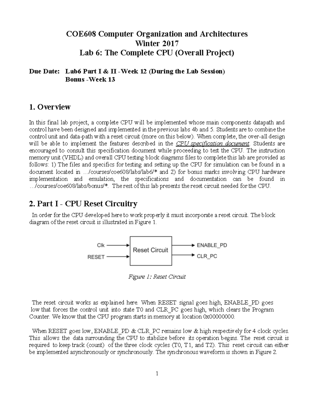 COE608 Lab 6: Complete CPU Implementation and Reset Circuit - Studocu