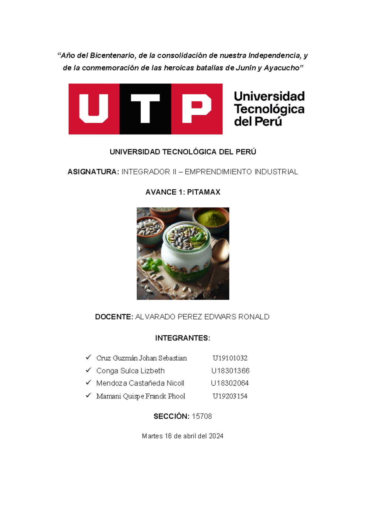 Avance 1 del Proyecto PITAMAX - Integrador II (Emprendimiento) - Document Preview