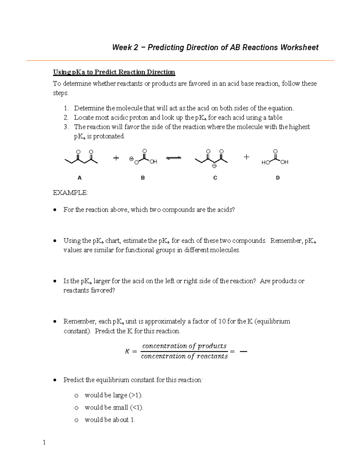 Week 2 Worksheet: Predicting Direction of AB Reactions Using pKa - Studocu
