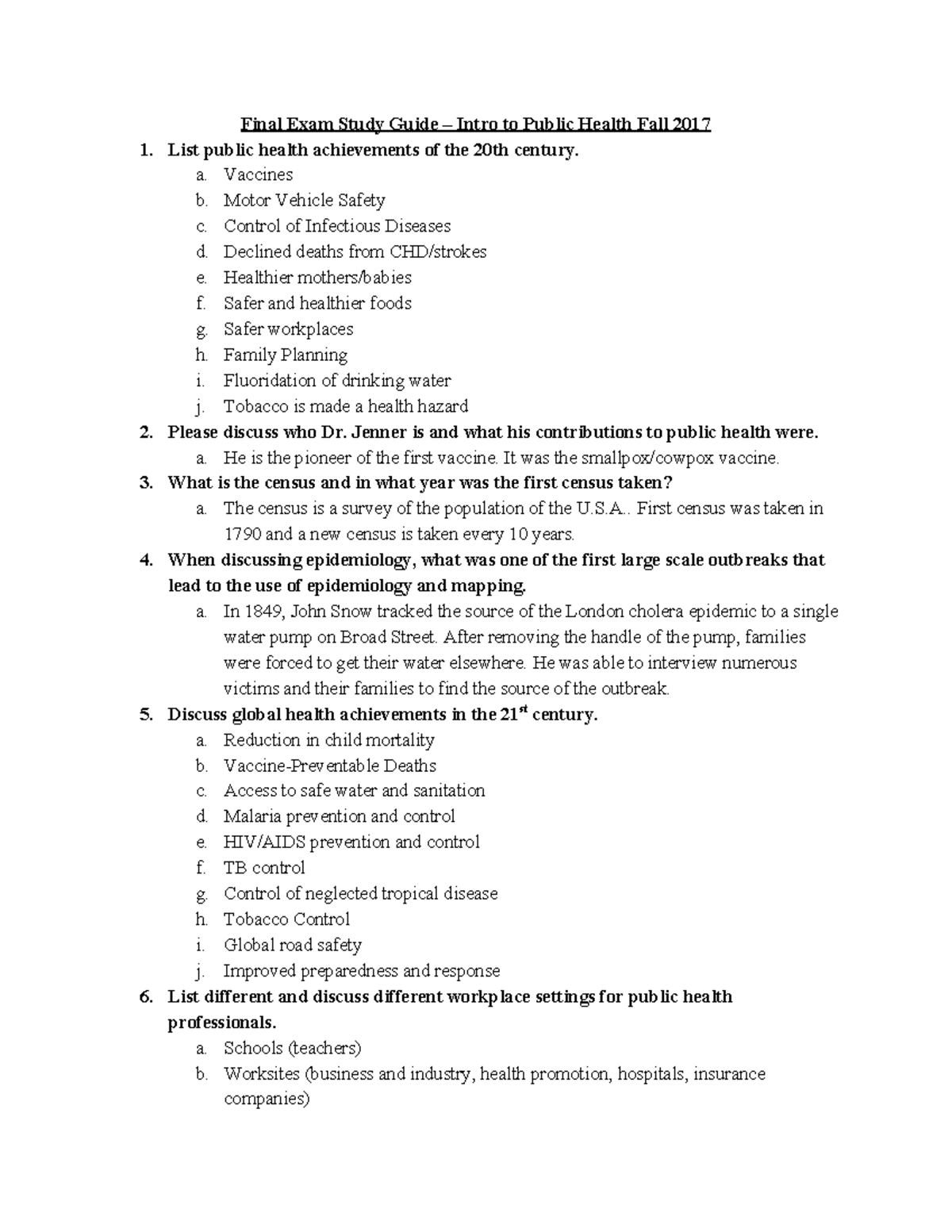 Intro to Public Health (PH 101): Final Exam Study Guide 2017 - Studocu