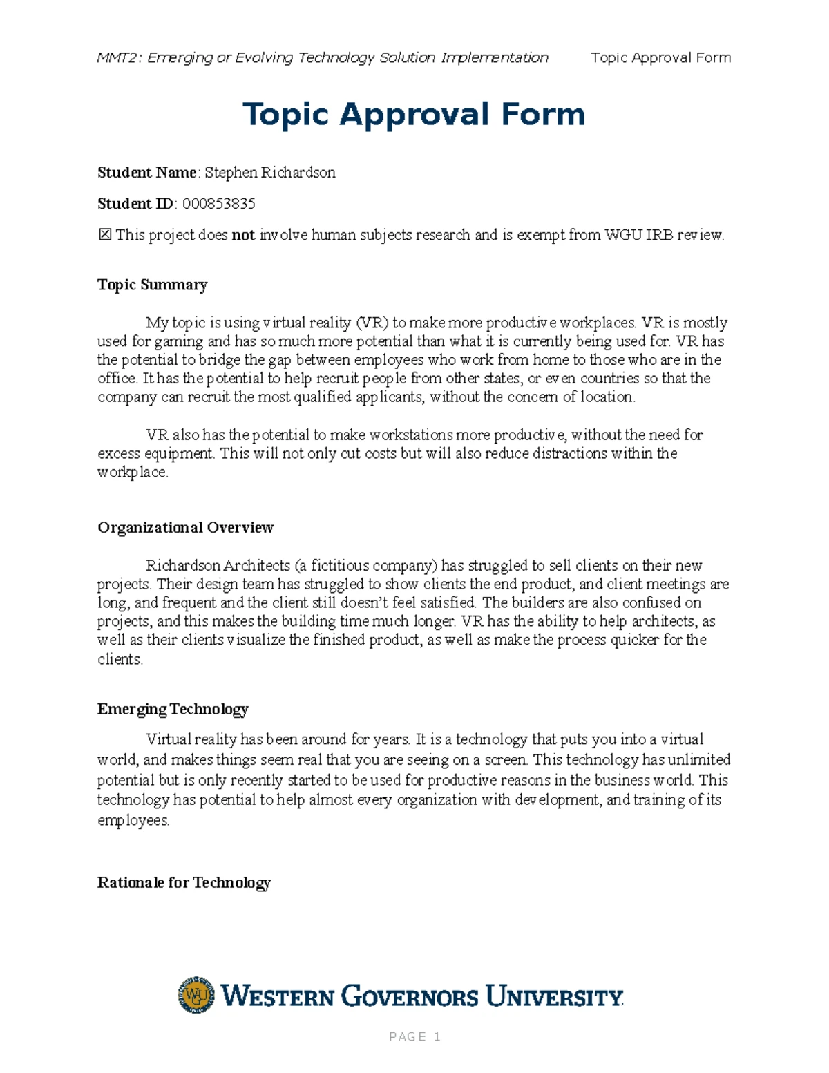MMT2: Topic Approval for Emerging Tech Solution Implementation Form ...