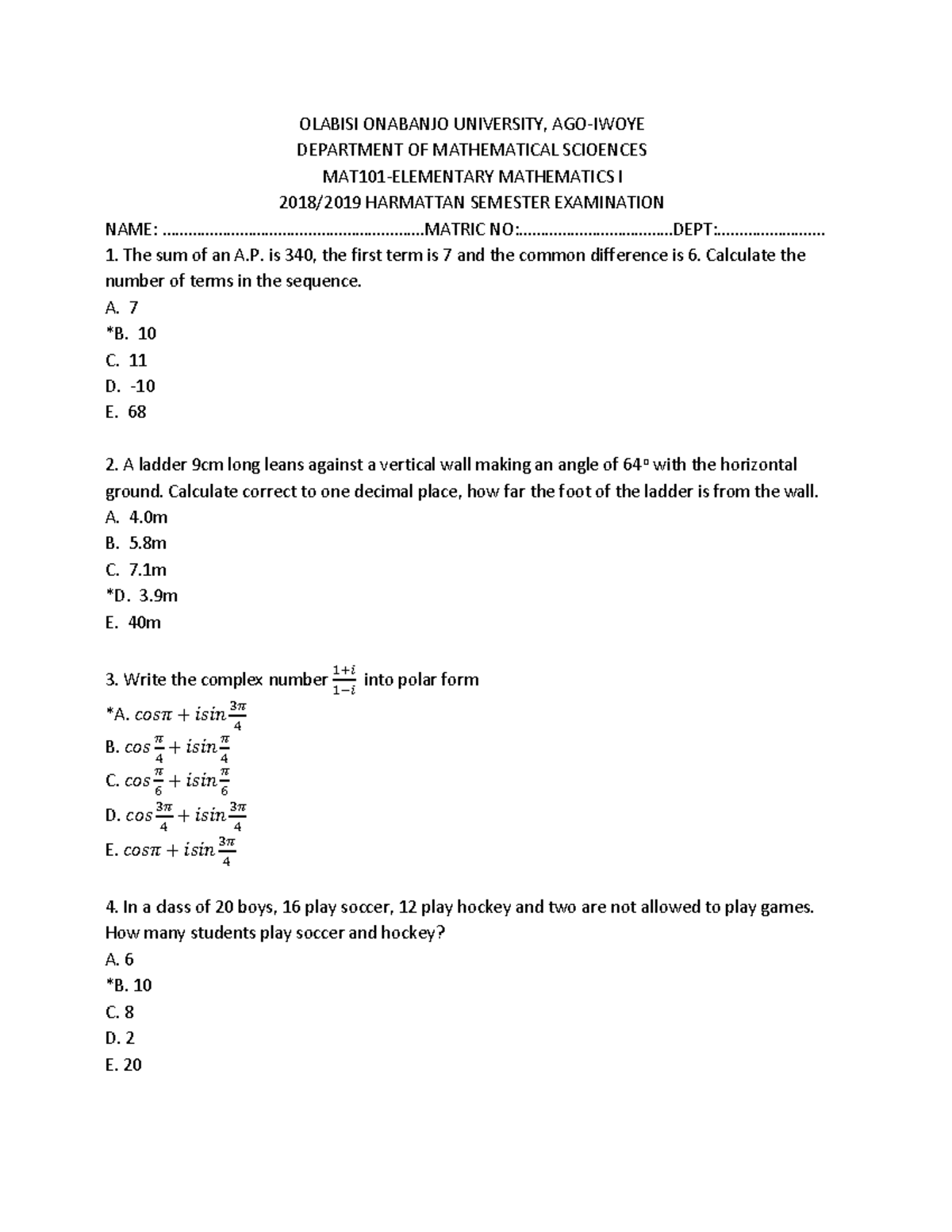 100lvl MAT101 - Mathematics I Harmattan Semester Exam Questions - Studocu