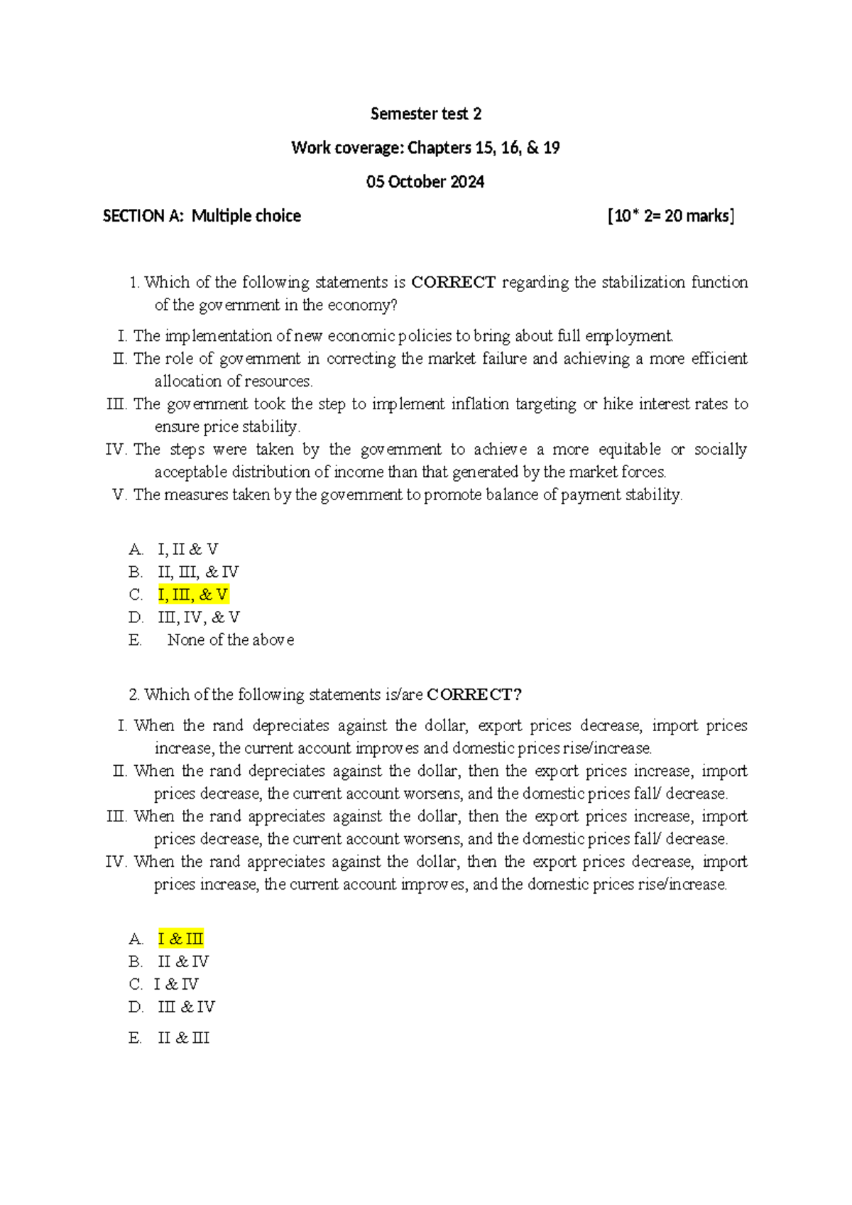 Economic Semester Test 2 - Coverage of Chapters 15, 16, & 19 - Studocu