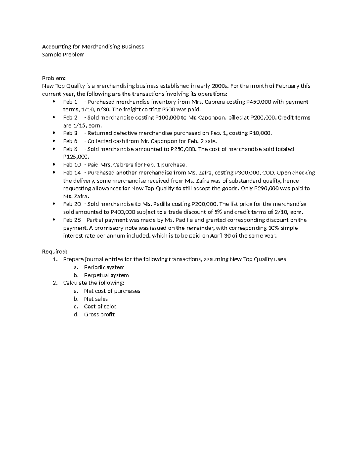 Accounting for Merchandising Business Sample Problem (ACCT 101) - Studocu