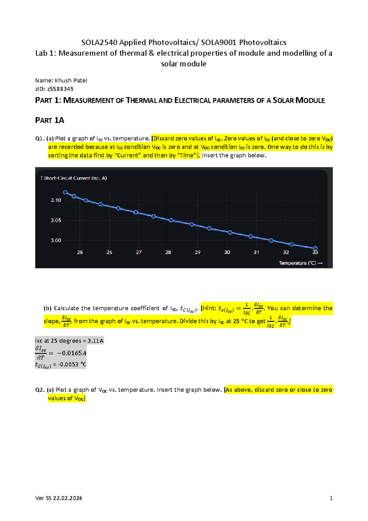 SOLA2540-9001 Lab 1 Report: Thermal & Electrical Properties of Solar ...