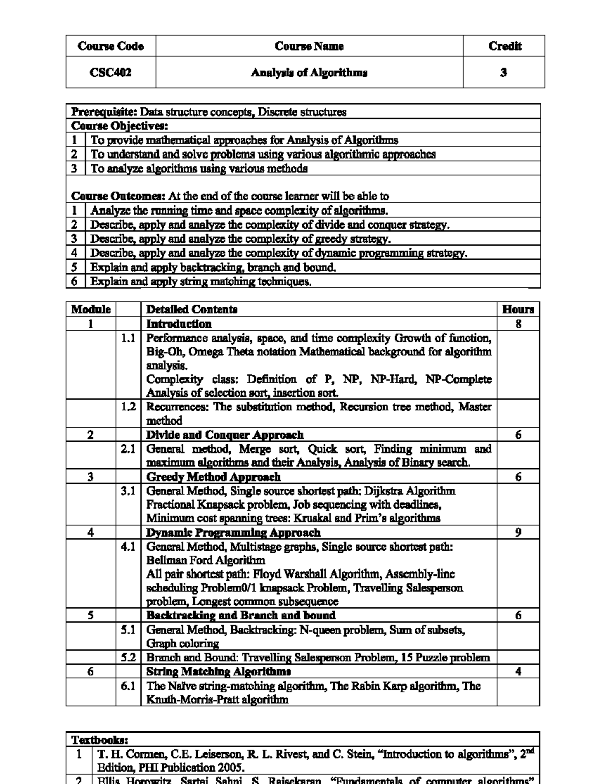 CSC402 Analysis of Algorithms Syllabus and Course Outline - Studocu