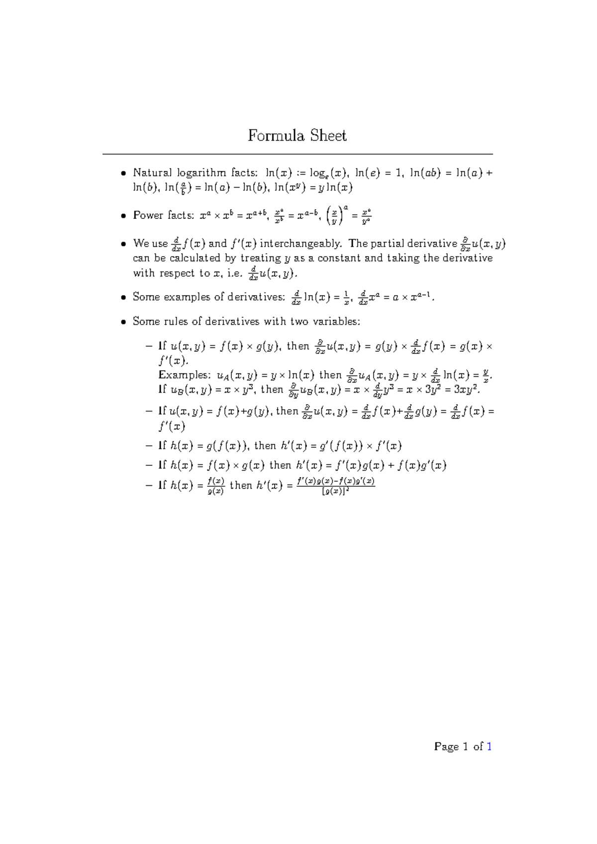 Formula Sheet: Natural Logarithm & Derivative Rules - Studocu