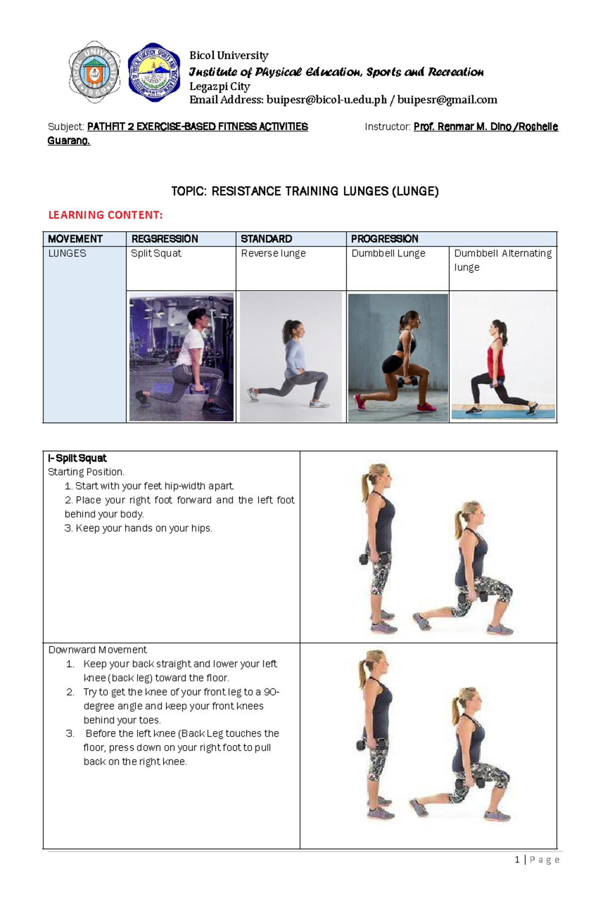PATHFIT 2: Resistance Training Lunges Guide - Studocu
