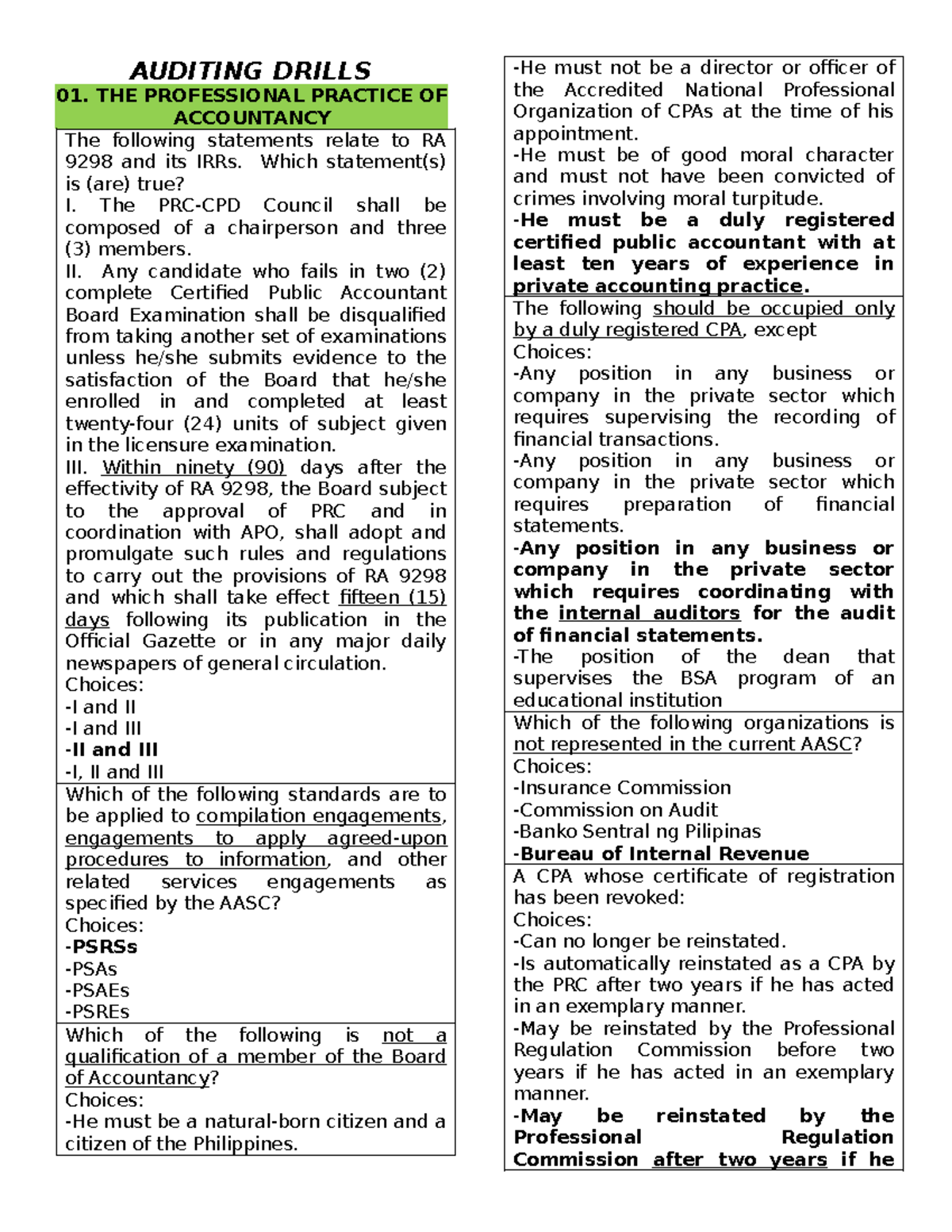 AUDITING DRILLS 01: PROFESSIONAL PRACTICE OF ACCOUNTANCY REVIEW - Studocu
