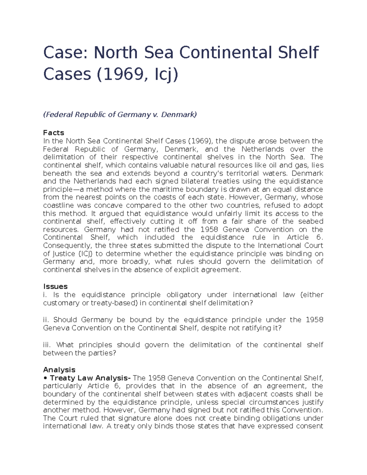 Case Study: North Sea Continental Shelf Dispute (1969, ICJ) - Studocu