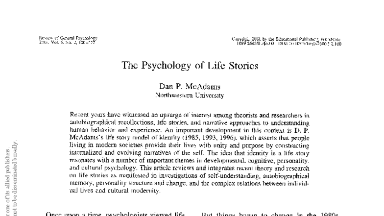 Psychology 2001: The Life Story Model of Identity by Dan P. McAdams ...
