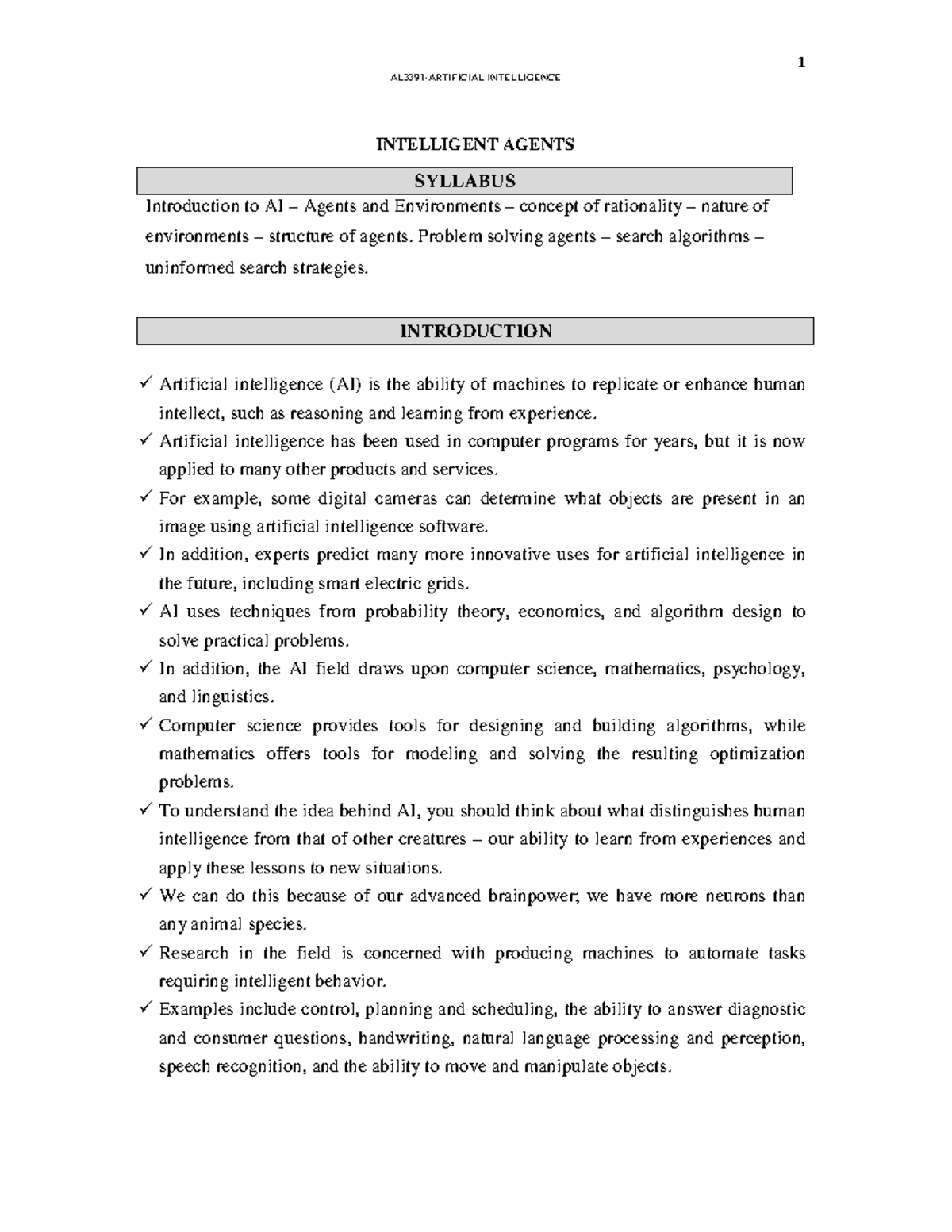 AI UNIT 1: Intelligent Agents and Search Algorithms Notes - Studocu