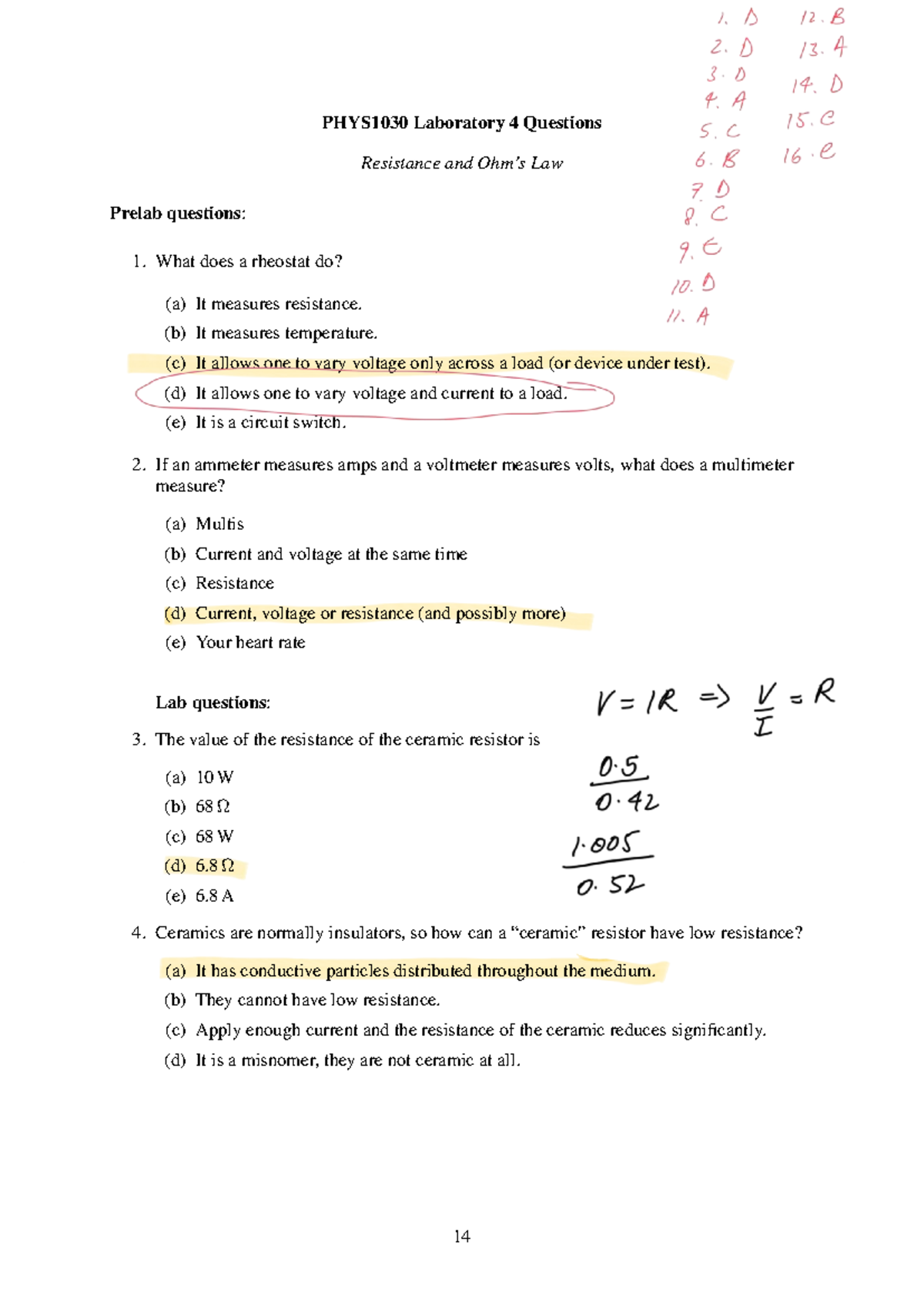 PHYS1030 Lab 4 Post-Lab Questions on Resistance and Law - Studocu