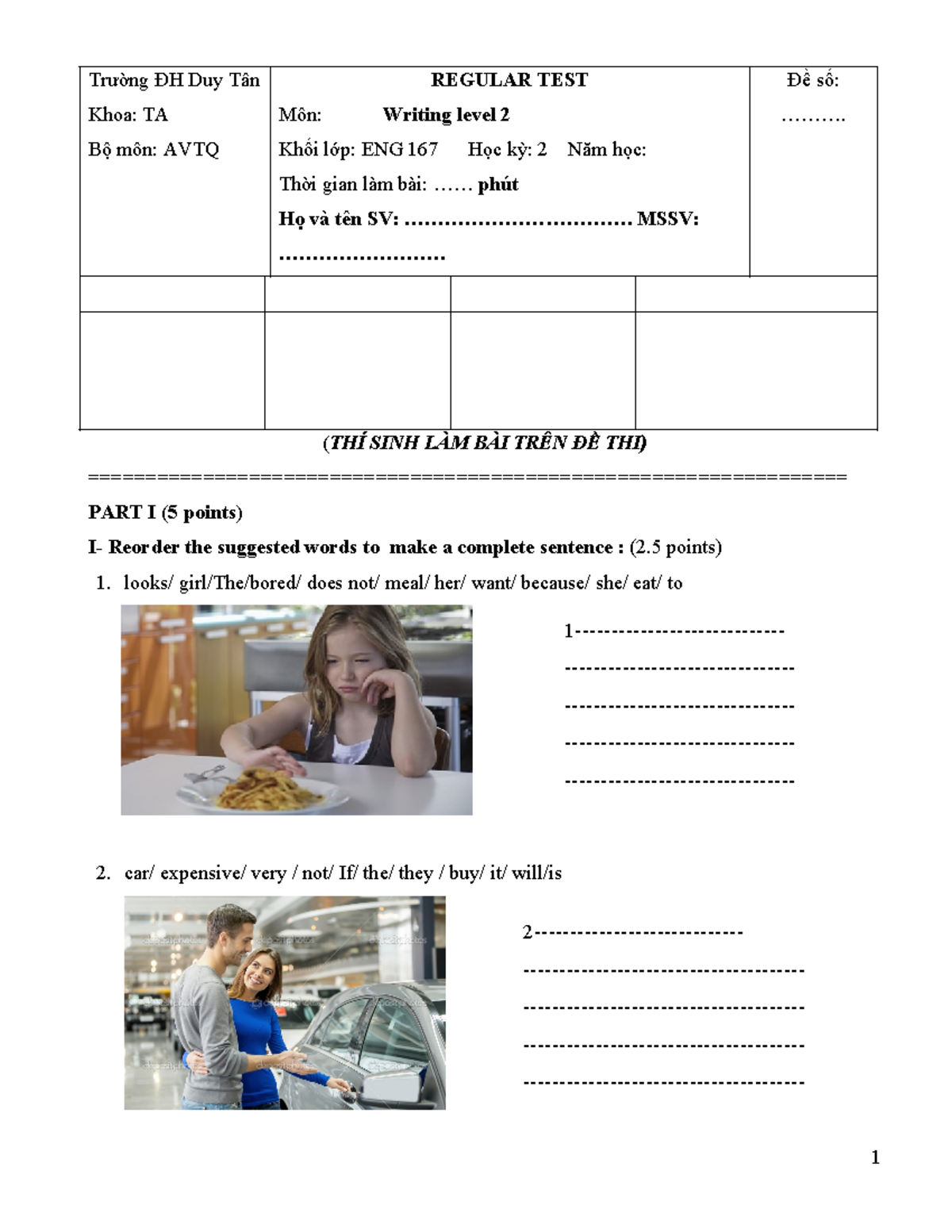 KIEM TRA BO SUNG: Regular Test Writing Level 2 (ENG 167) - Studocu