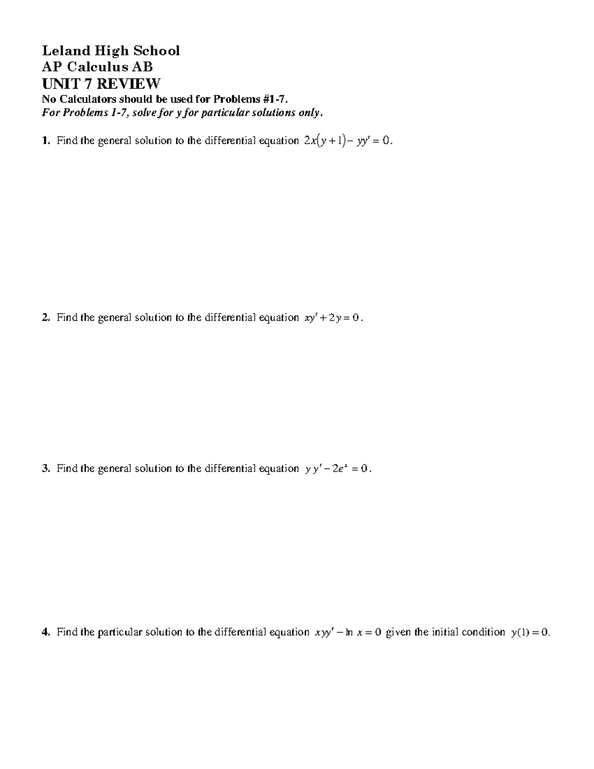 AP Calculus AB Unit 7 Review Study Guide (Sections 7.1-7.4, 7.6-7.8 ...