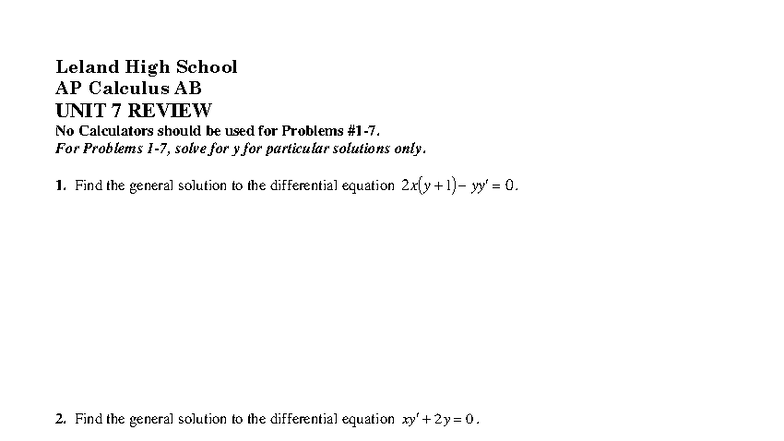 AP Calculus AB Unit 7 Review Study Guide (Sections 7.1-7.4, 7.6-7.8 ...