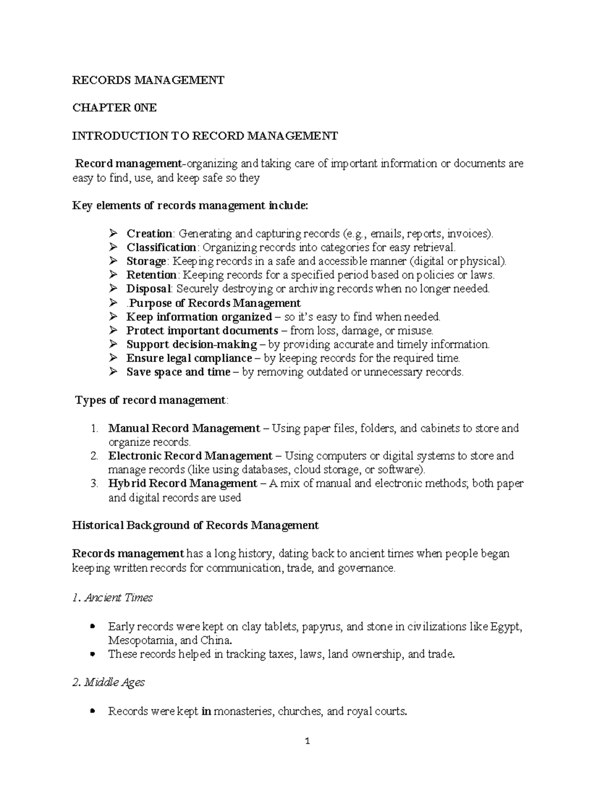 RECORDS MANAGEMENT CHAPTER 1: INTRODUCTION TO RECORDS MANAGEMENT - Studocu