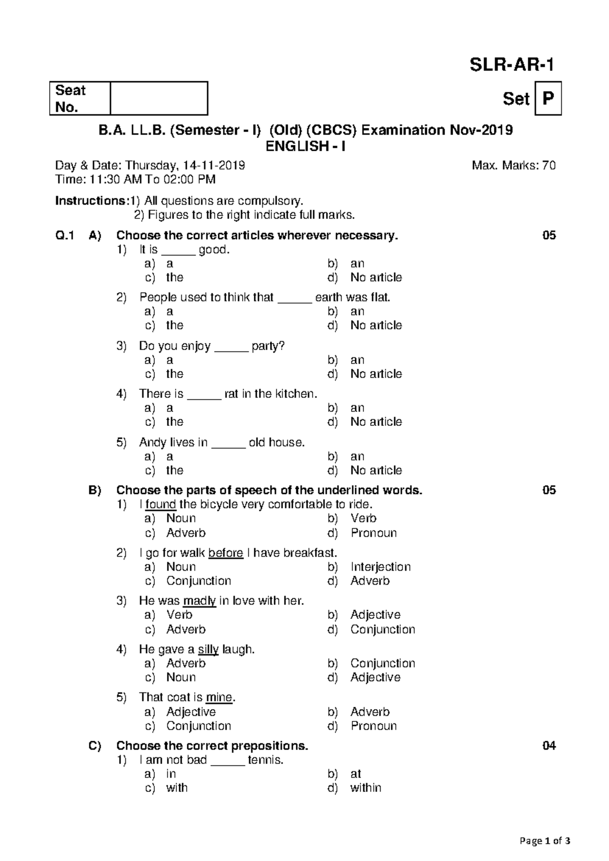 QP BA LLB 30012020 - Question - Seat No. Set P B. LL. (Semester - I ...