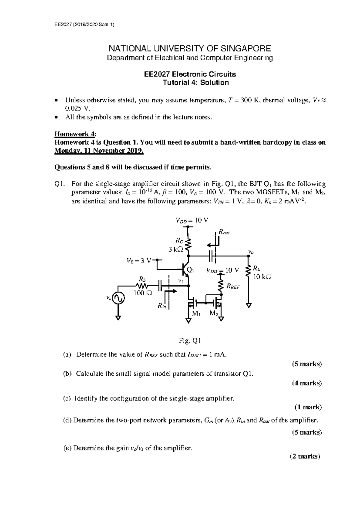 EE2027 Sem 1) Tutorial 4 Solution: Single Stage Amplifier Analysis ...