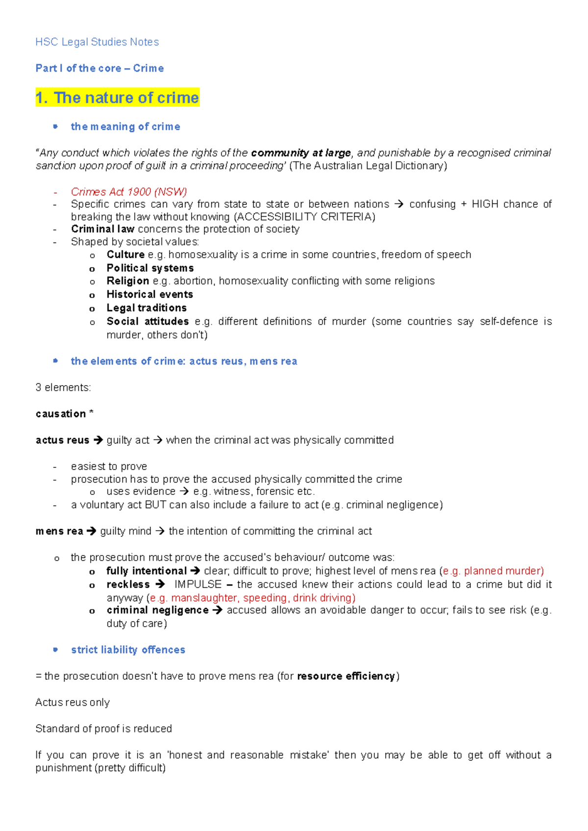 HSC Legal Studies Notes: Nature of Crime Overview - Studocu