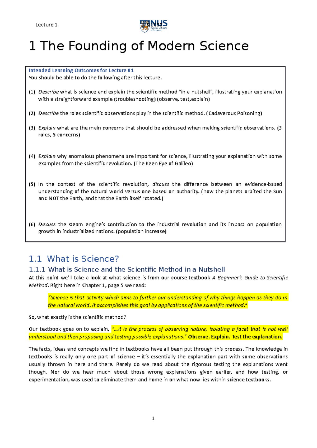 L01 Lecture Notes: The Founding of Modern Science & Scientific Method ...