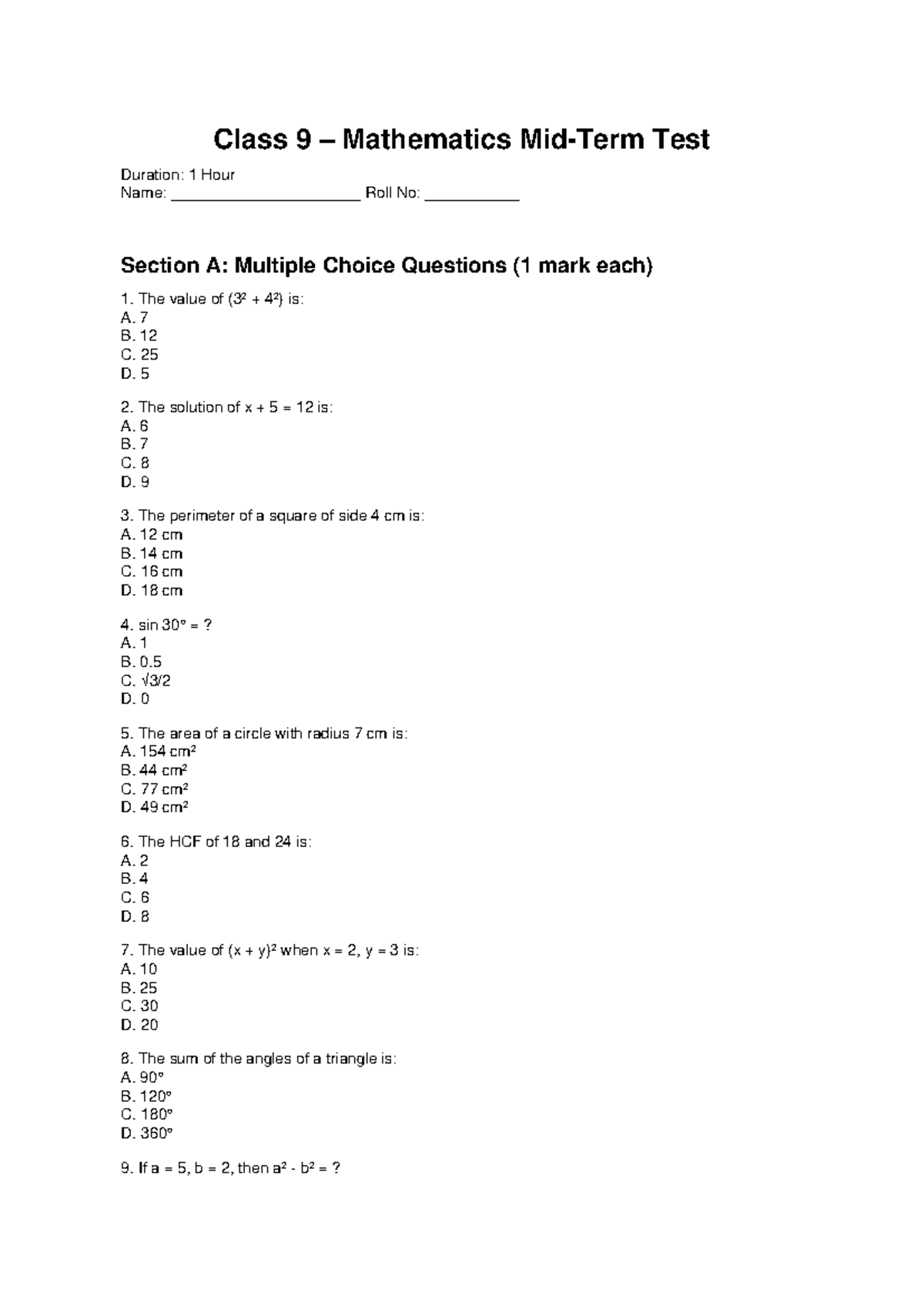 Class 9 Mathematics Test: MCQs and Short Answer Questions - Studocu