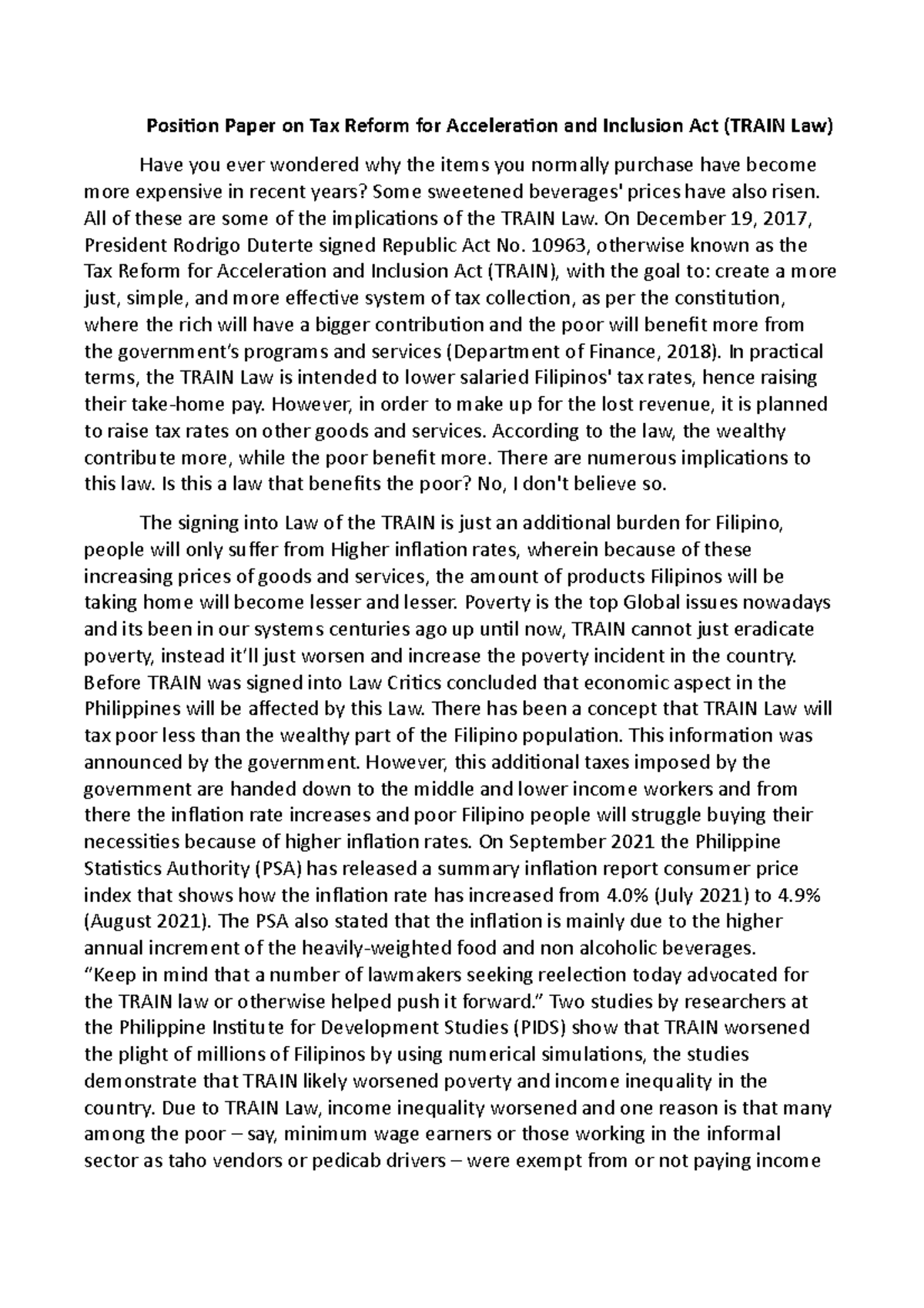 Position Paper on TRAIN Law's Impact on Poverty and Inflation - Studocu