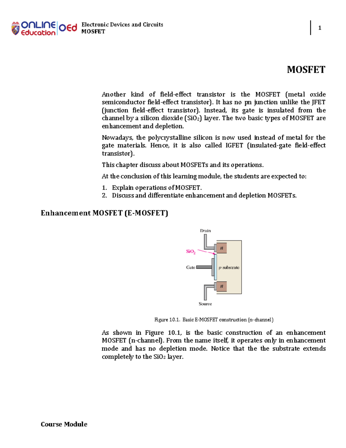 Week 10 Lecture Notes: Understanding MOSFETs and Their Operations - Studocu