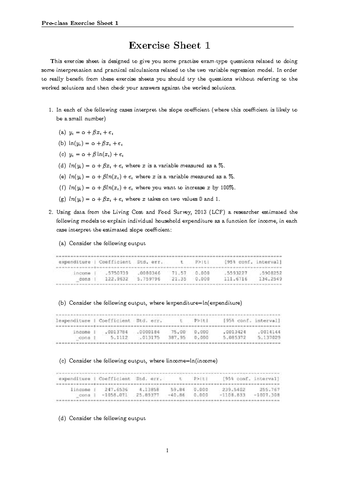 Pre-Class Exercise Sheet 1: Regression Model Practice EC226 - Studocu