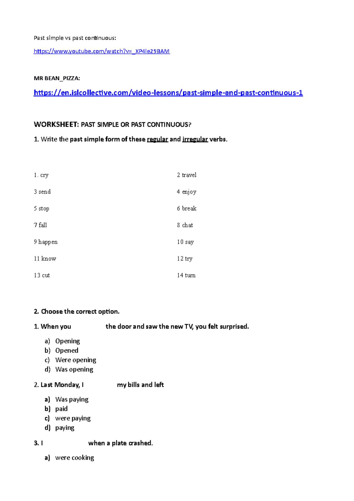 Past Simple vs Past Continuous: Detailed Worksheet & Key - Studocu