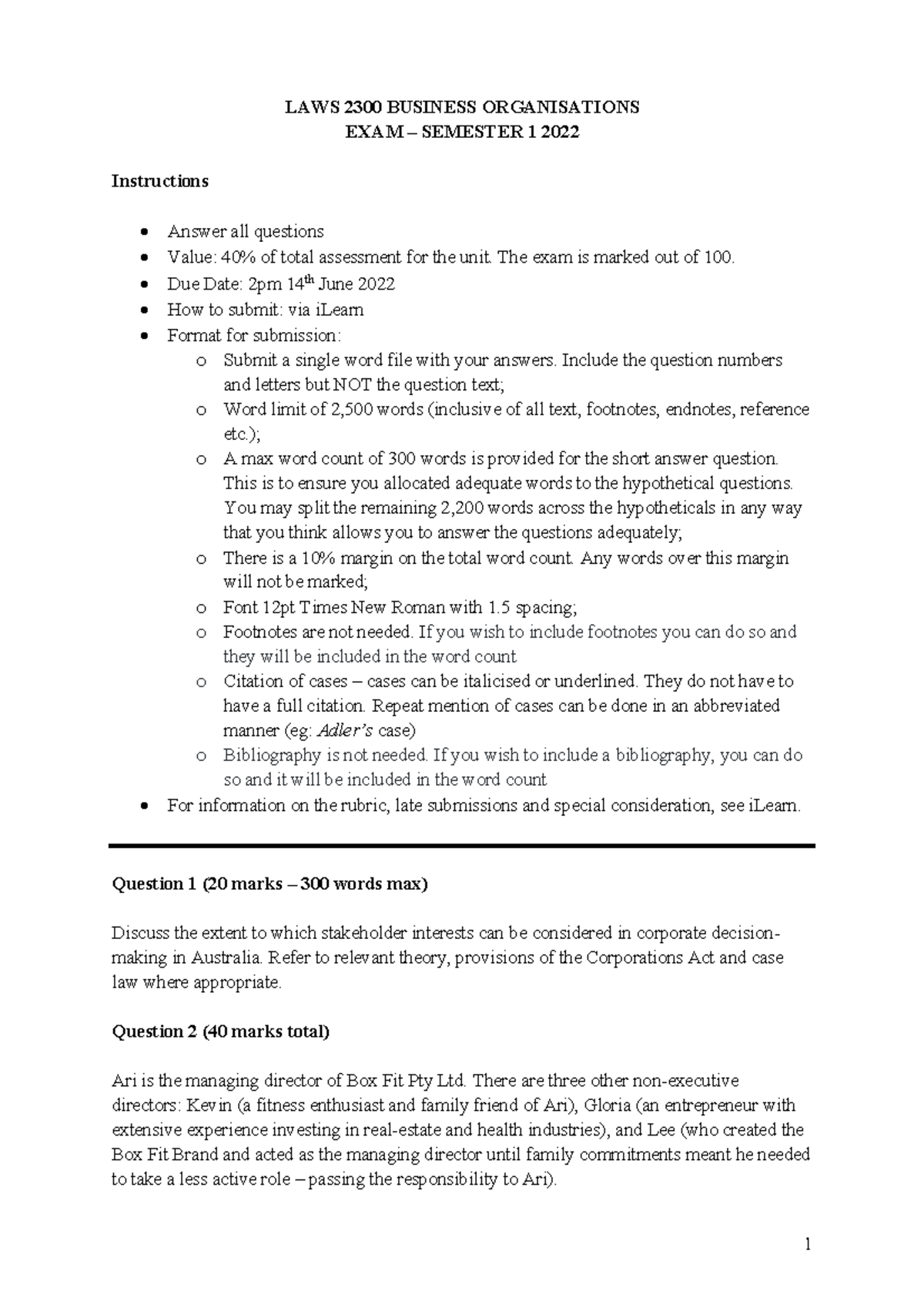 LAWS 2300 Business Organisations Exam - 13 June 2022 Insights - Studocu