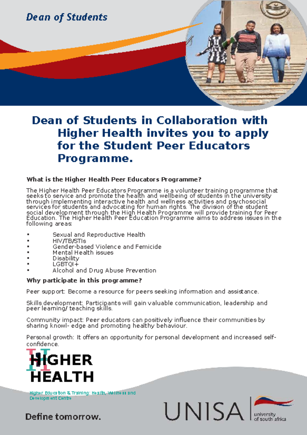 Dean of Students: Higher Health Peer Educators Programme Overview - Studocu