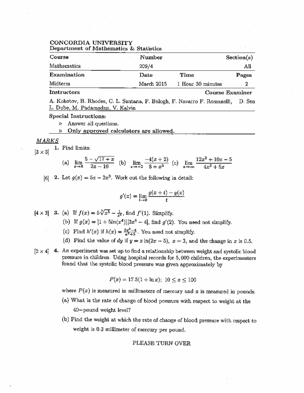 MATH 209 Midterm Exam March 2015: Questions & Answers - Studocu
