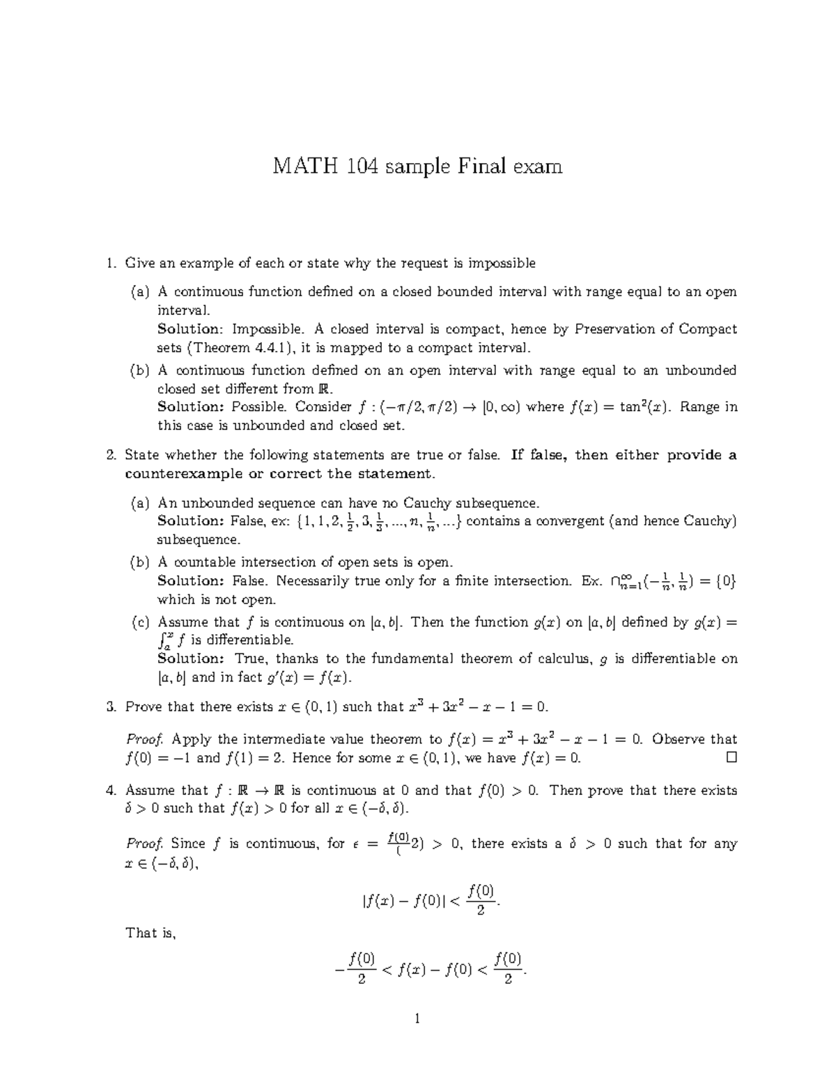 Final sample solution - MATH 104 sample Final exam Give an example of ...
