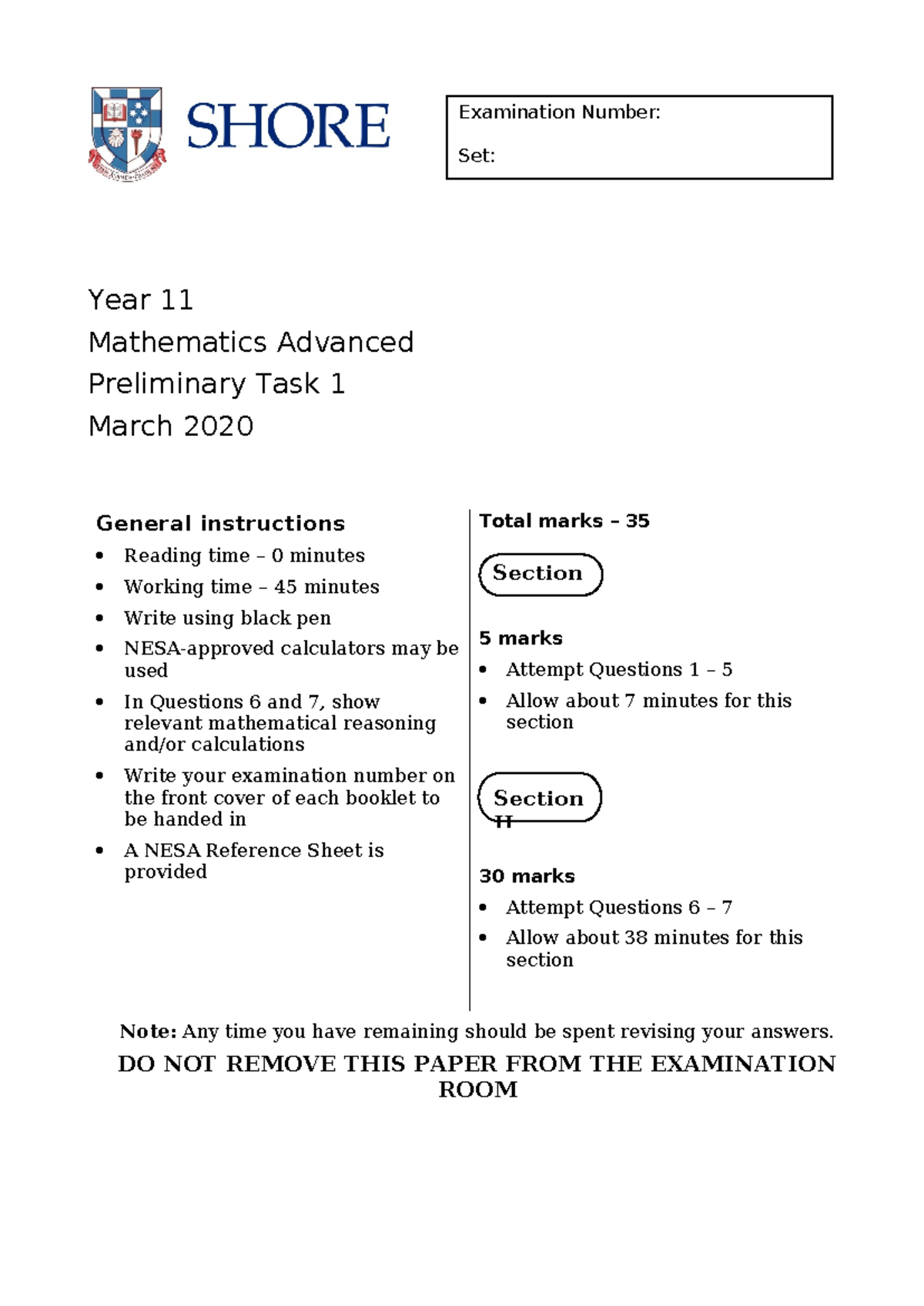 Mathematics Advanced Year 11 Preliminary Task 1 Practice Test - March ...